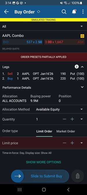 The options wizard buy order on the Android Phone